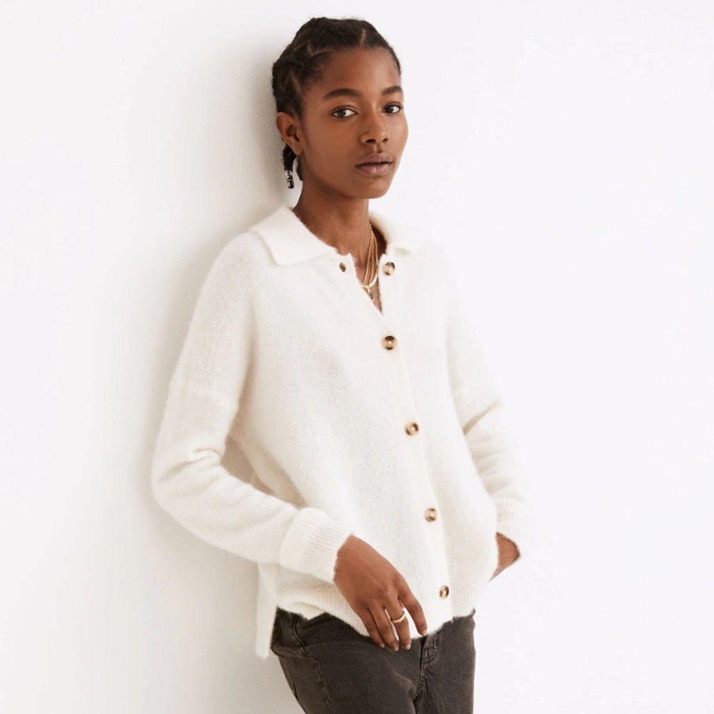 Madewell Carrabelle Polo Cardigan Sweater Heather Lighthouse Alpaca Blend Smalll
